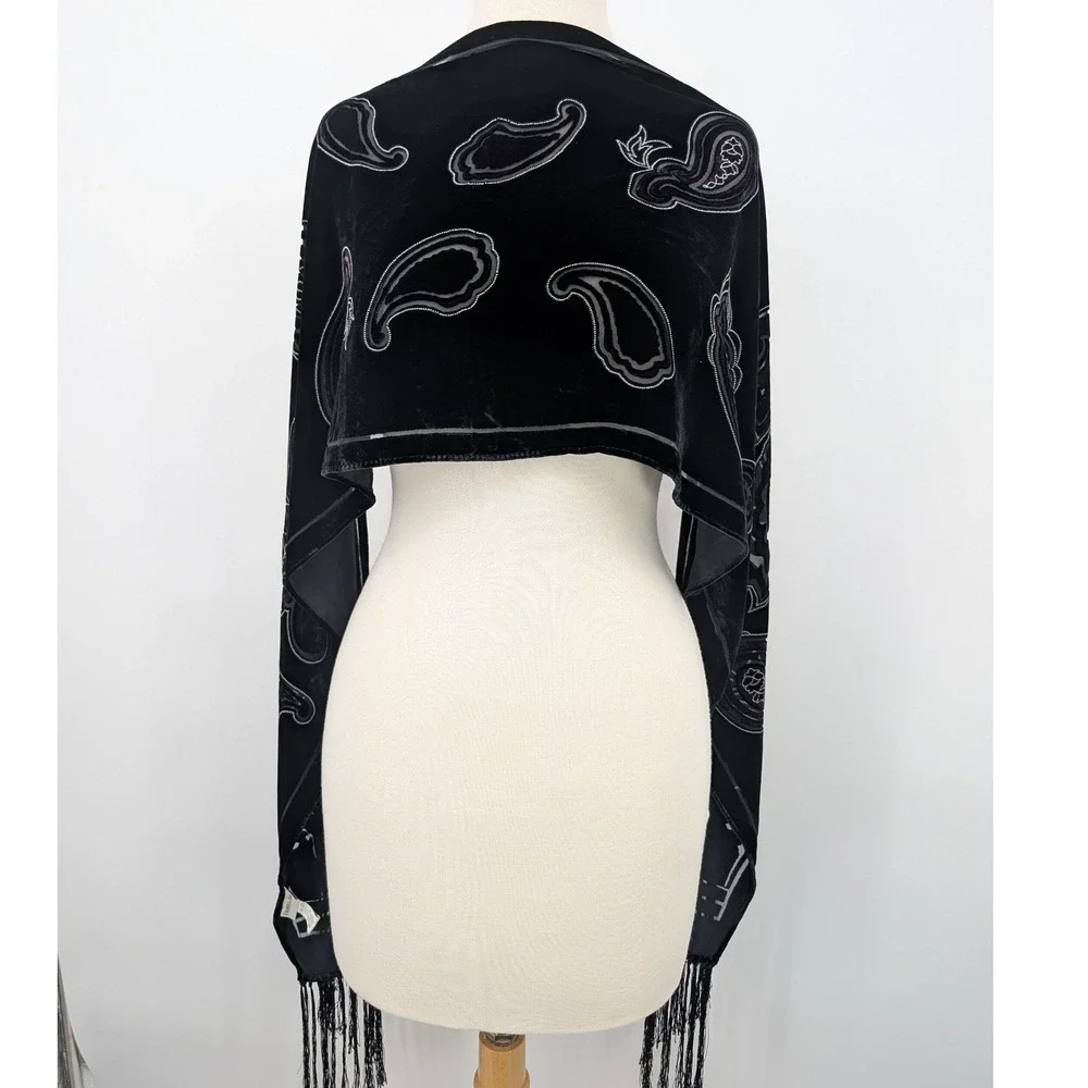 Draper's & Damon's Black Silk Rayon Velvet Paisley Scarf Shawl Fringe 71.5